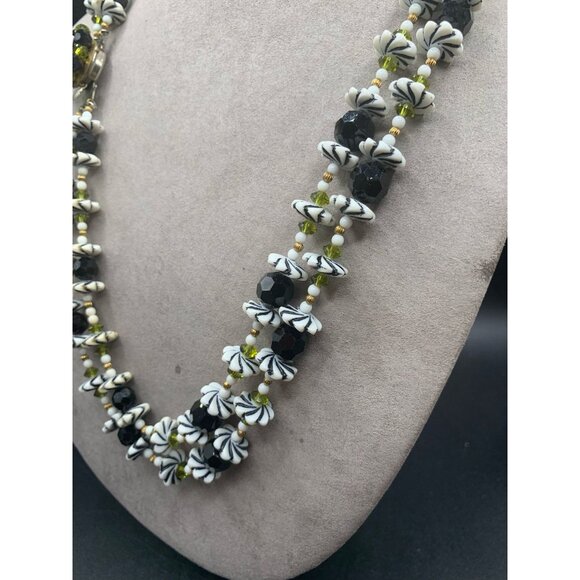 Double Strand Retro Necklace Flower Beads Plastic Glass Green White Black Gold - Picture 7 of 10